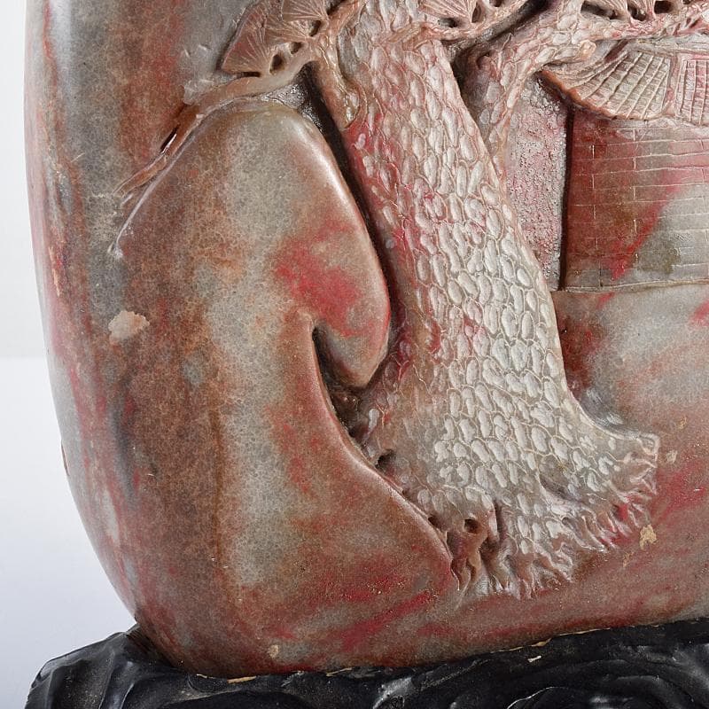 中国　玉石彫刻　鶏血石　山水人物刻　床飾　置物　唐木台付　F　R7719B