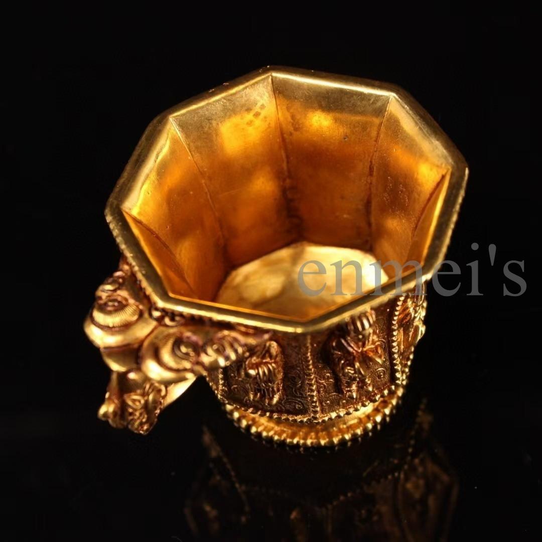 中国古美術・純銅製・鎏金八仙杯・酒器・酒具・人物彫刻入り・高浮彫・置物・茶道具