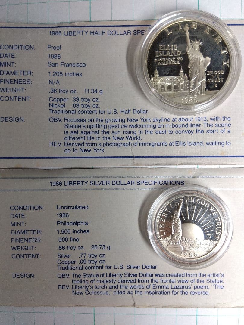 【証明書付】1986年1ドル銀貨 自由の女神 Liberty Silver900