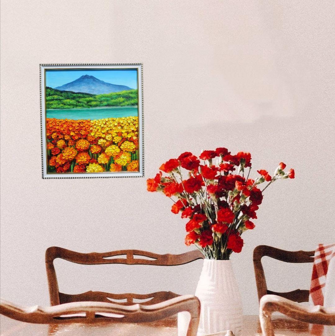油絵 油彩 油彩画 絵 絵画【マリーゴールドと富士山】