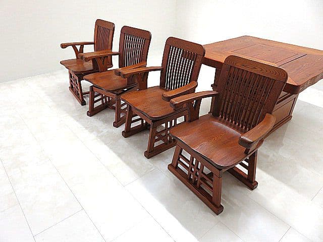 希少品 府中「松尾博昭」作 欅無垢材ダイニング5点セット 長火鉢/団炉裏