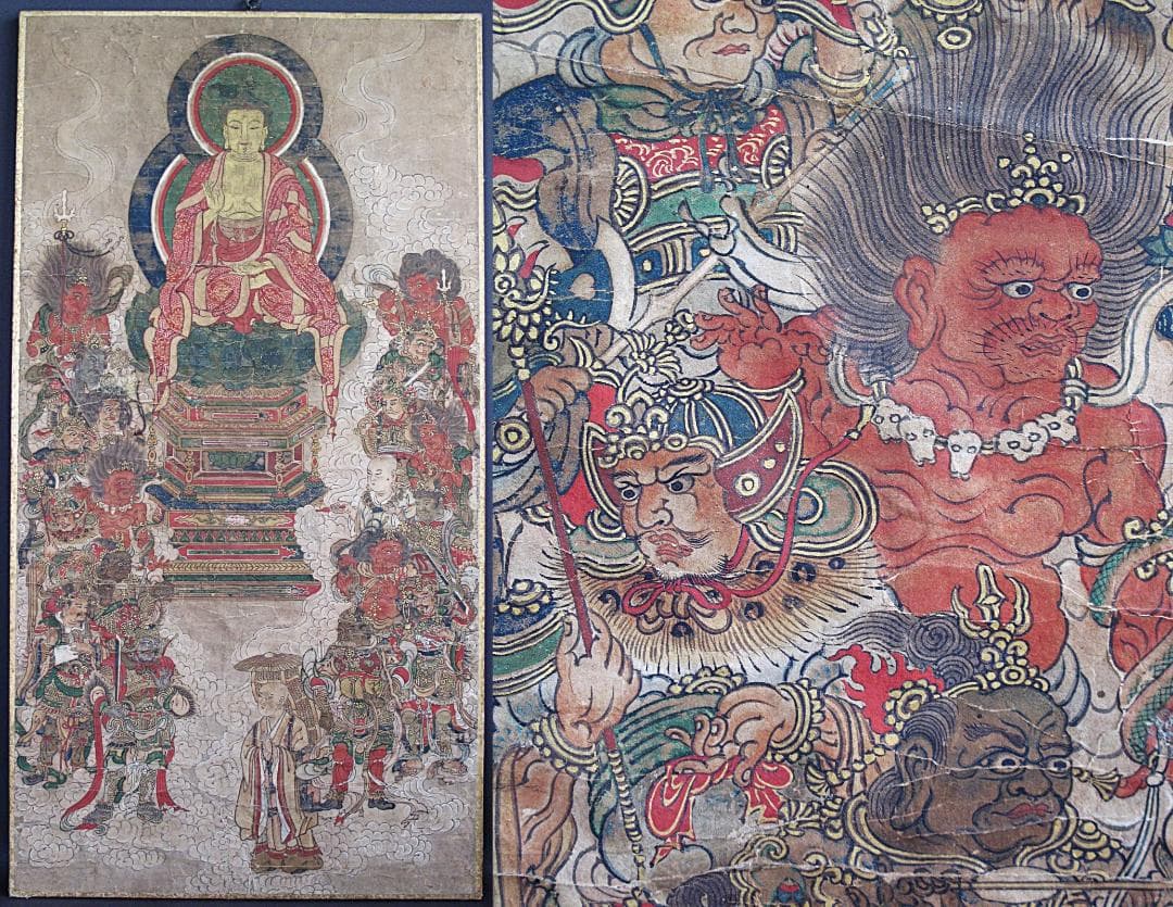 古仏画!! 江戸期『釈迦十六善神図』紙本肉筆 細密画!!