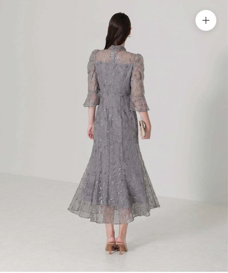 【Leja】スパンコール花柄刺繍ソフトパフスリーブドレスワンピース