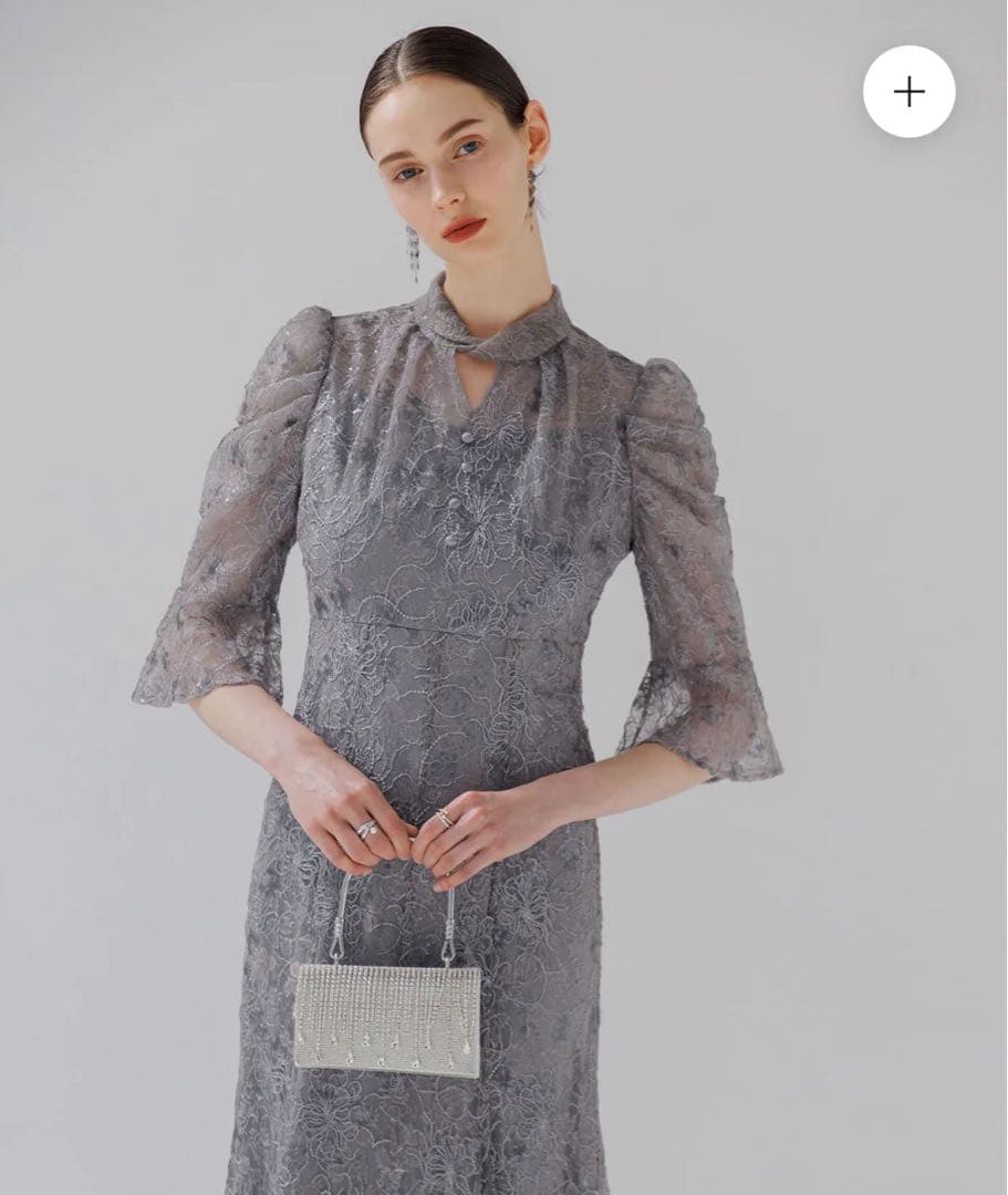 【Leja】スパンコール花柄刺繍ソフトパフスリーブドレスワンピース