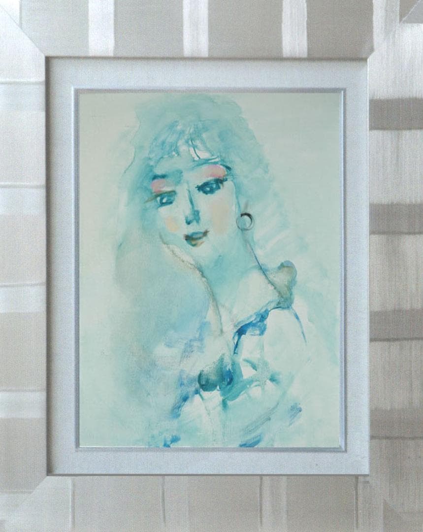 油絵 菅家令子 絵 絵画インテリア額付(青緑＋金色の枠) F6-080112女性