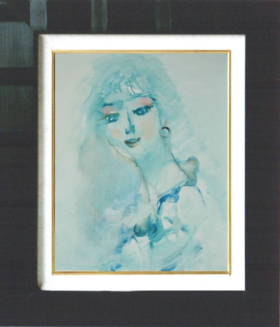 油絵 菅家令子 絵 絵画インテリア額付(青緑＋金色の枠) F6-080112女性