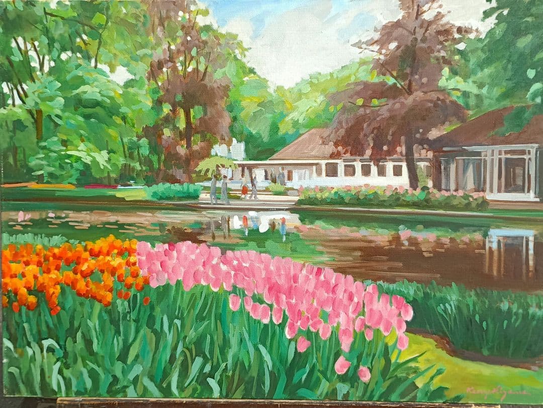 檜山健三　チューリップ園　P20号油彩、東京芸大小磯教室、水戸の物故大家