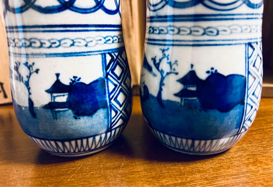 明治時代　藍九谷　山水唐詩古染付徳利一対　藍九谷　合箱