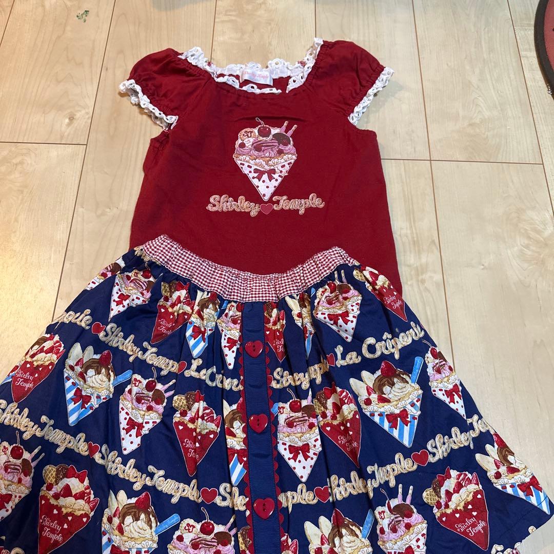 シャーリーテンプル。クレープ柄スカパン，Tシャツセット140