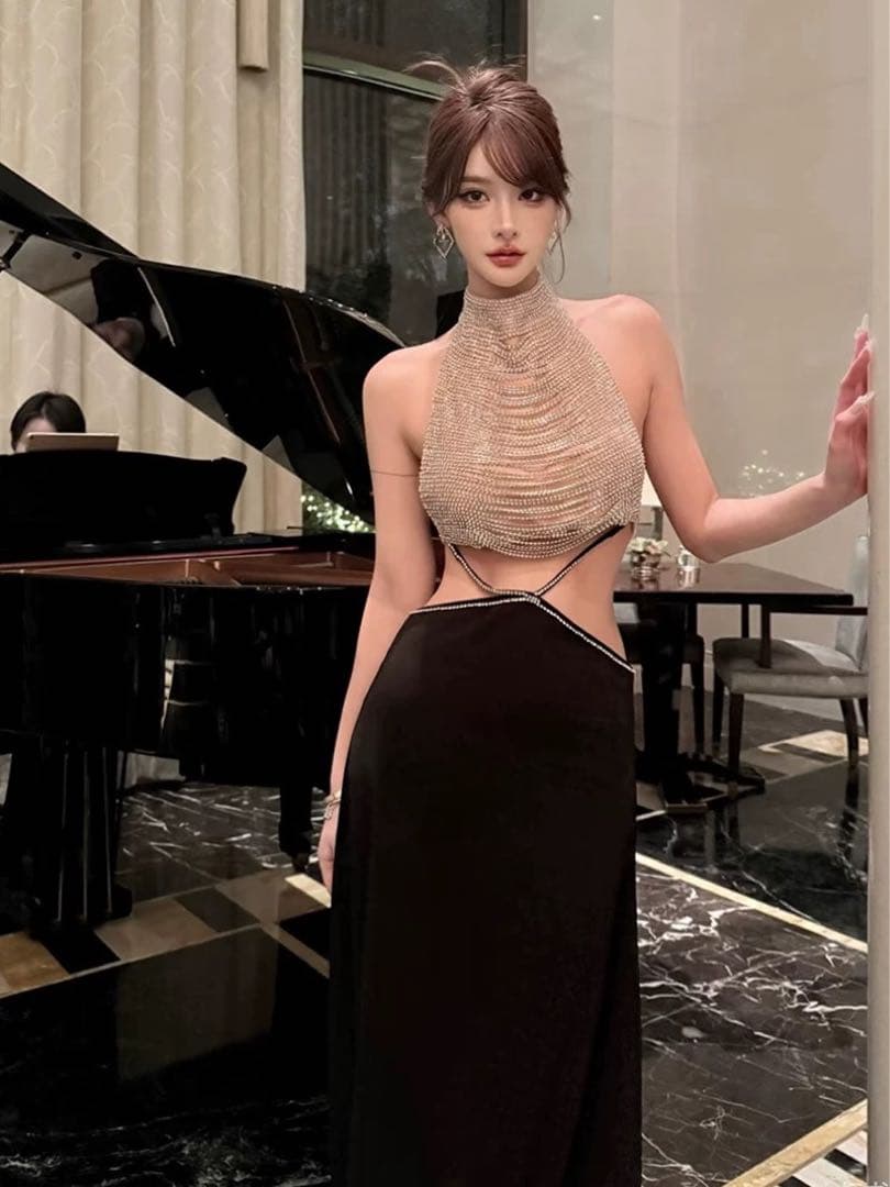 ホルターネックビジュー装飾ロングドレス パーティー キャバ セクシー