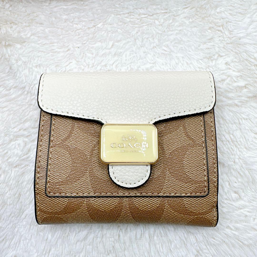 新品⭐️ 【COACH】 コーチ シグネチャー 二つ折り財布 ミニ財布 白×茶色