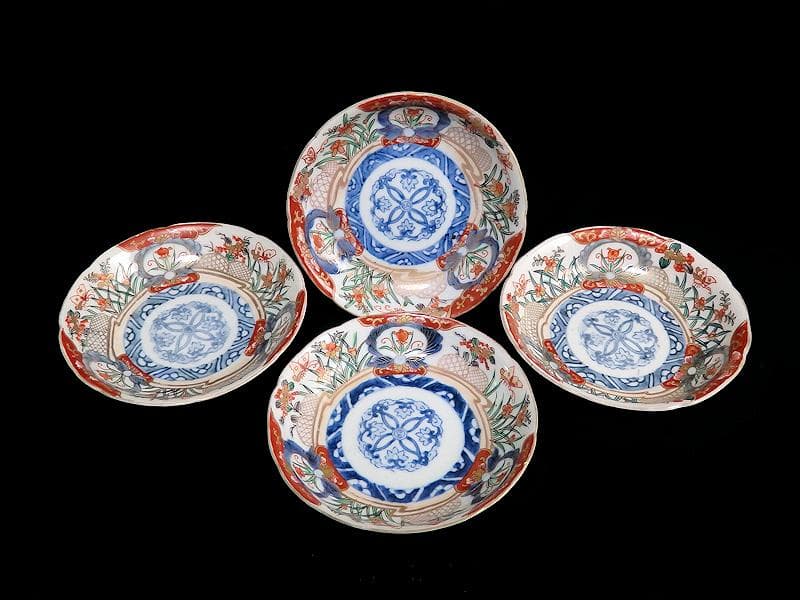 古伊万里　色絵　蝶に菖蒲の図　４寸皿　４枚　C232AS-WWs