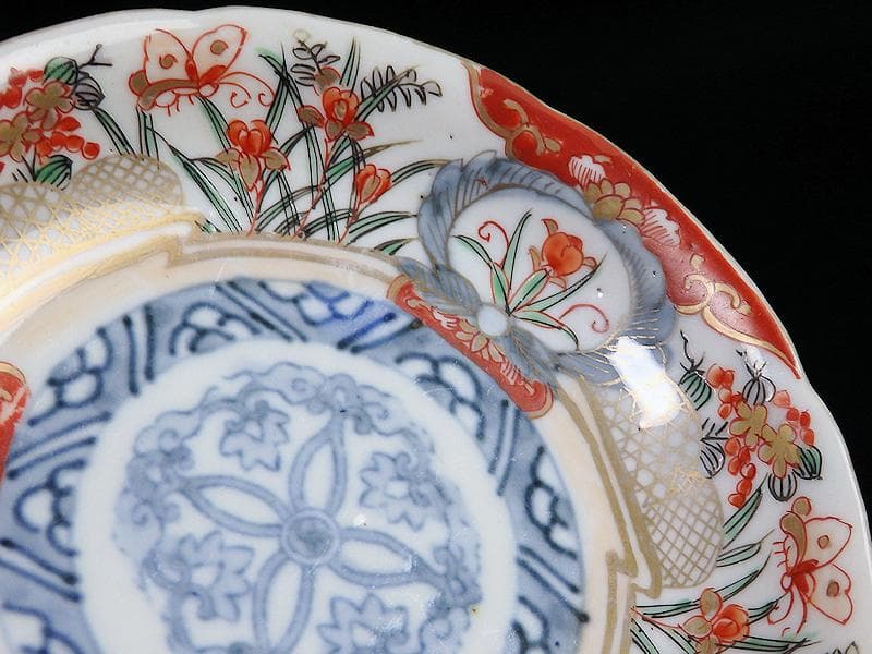 古伊万里　色絵　蝶に菖蒲の図　４寸皿　４枚　C232AS-WWs