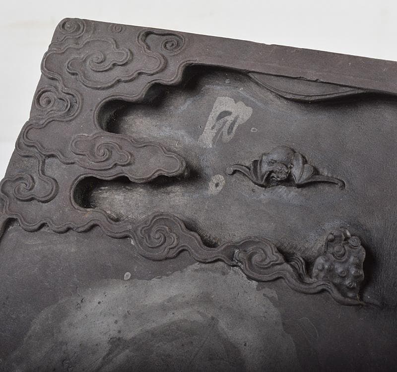 中国　書道具　蝙蝠刻　端渓硯　唐木箱付　F　R4557