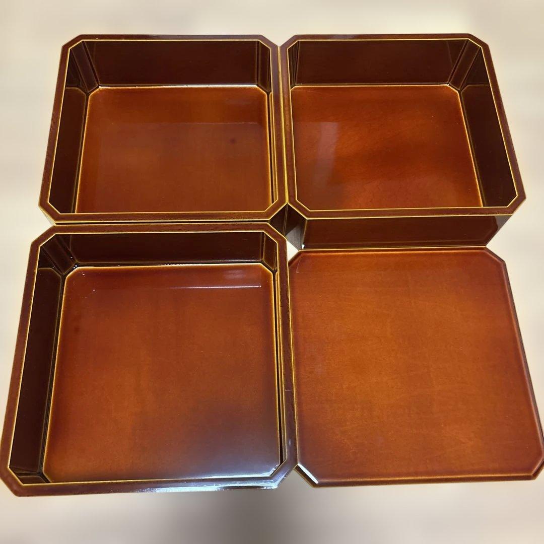 飛騨高山春慶塗　漆器 三段重　台付隅切三段重6寸5分　￼未使用品　木製　うるし塗