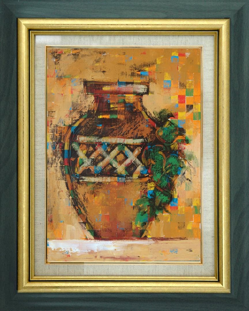 油絵 菅家令子 絵 絵画インテリア額付(白) uF6-064104 静物 壺 瓶