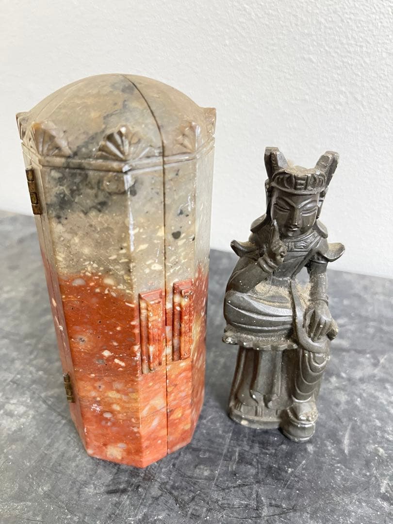 石製彫刻 三つ折り背景付き仏像　仏教　古美術