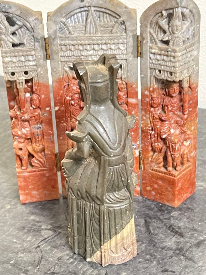 石製彫刻 三つ折り背景付き仏像　仏教　古美術