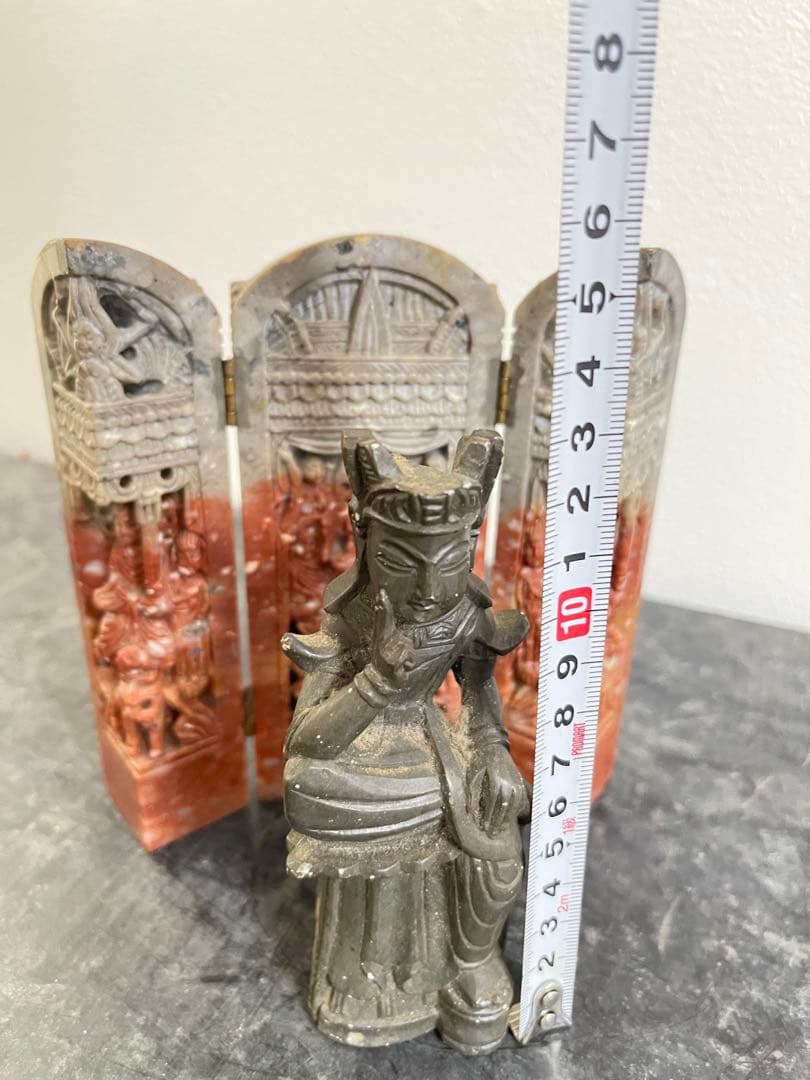 石製彫刻 三つ折り背景付き仏像　仏教　古美術