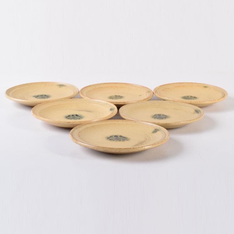 和食器　黄瀬戸　加藤春二作　桐文　銘々皿　六客　共箱　C　7435