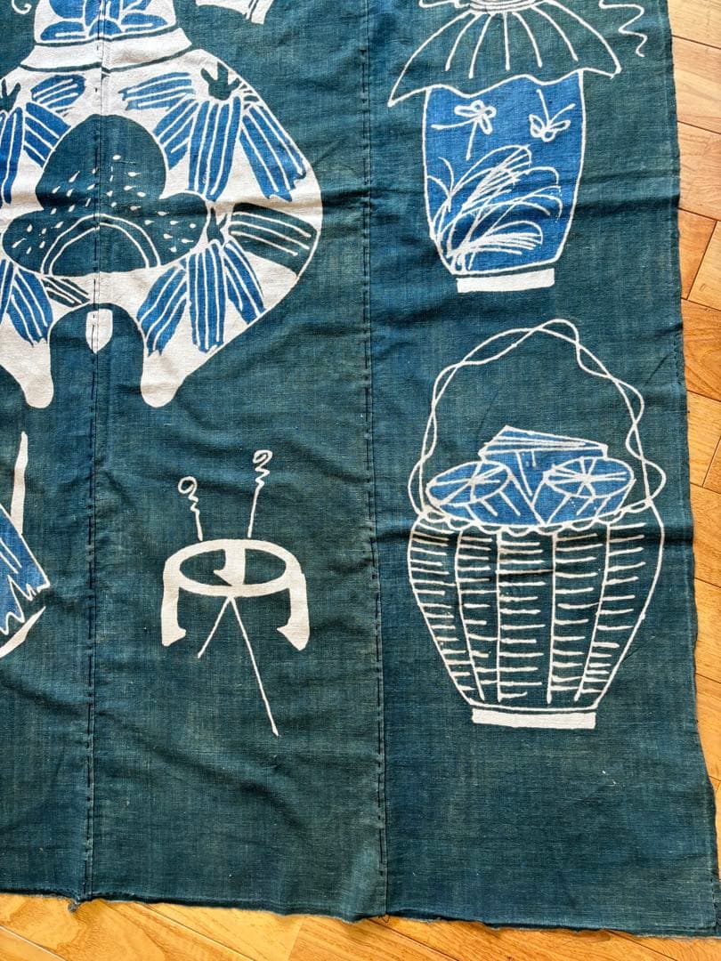 古布　茶道具の筒描　藍染　木綿　緑　木綿　型染め　襤褸　アンティーク