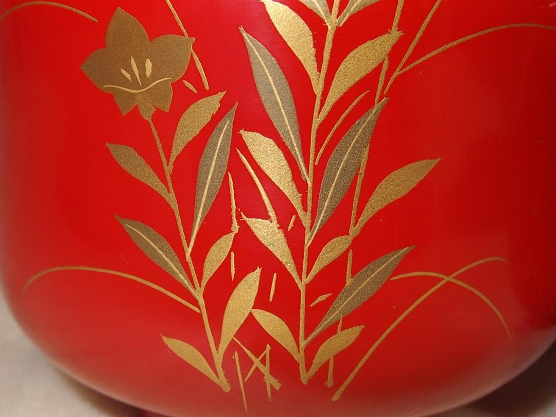 【美品】輪島塗 西久保田漆器店 桔梗蒔絵 小吸物椀 5客 瓢型/朱塗 漆器/食器