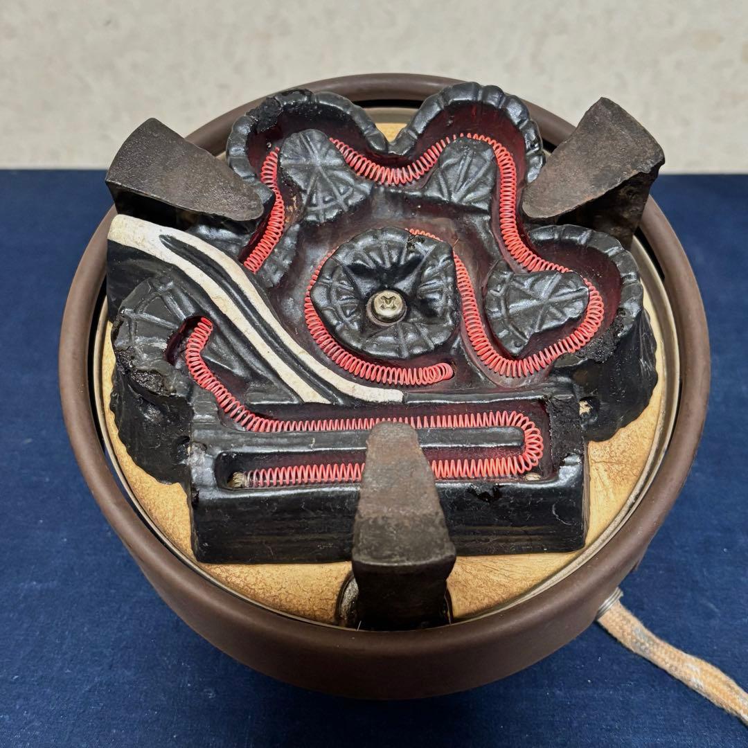 風炉 茶釜 電熱器 唐銅鬼面風炉 在銘 野々田製電熱器 敷板 底瓦 茶道具