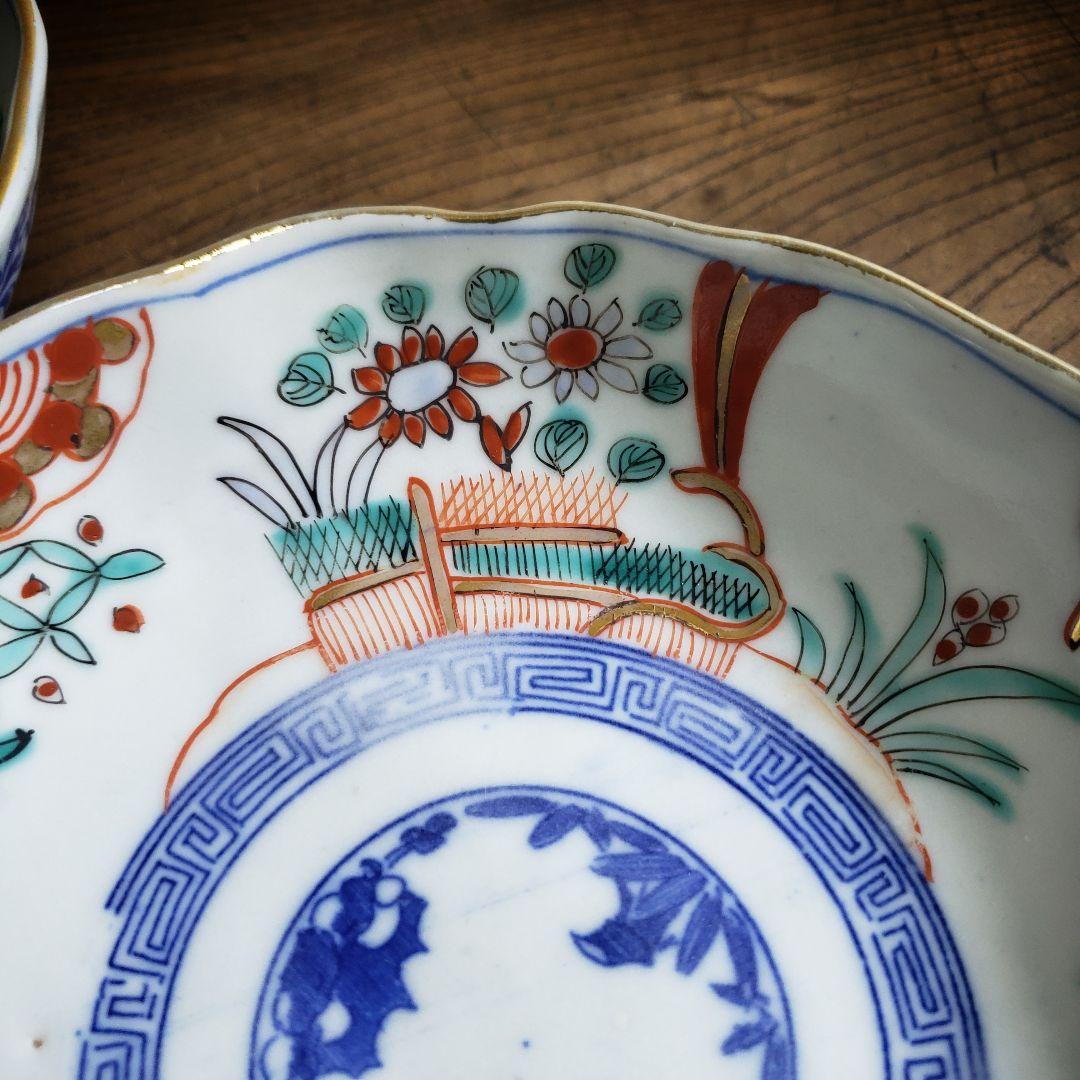 なます皿　色絵付　印判　変わり図柄　明治　大正　モダン唐草　2枚　欠け　ロ号