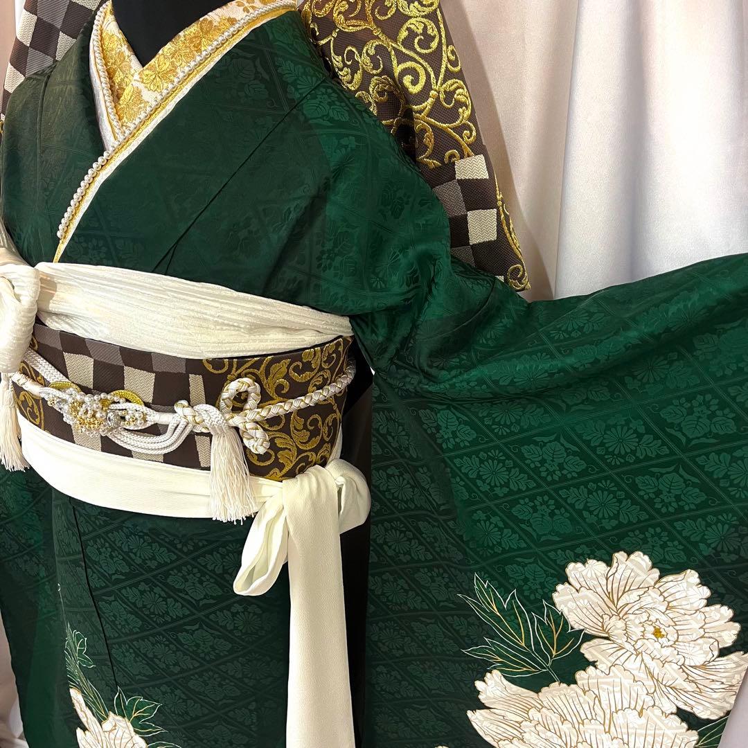 振袖フルセット■大輪牡丹■深緑色■成人式振り袖■振袖一式