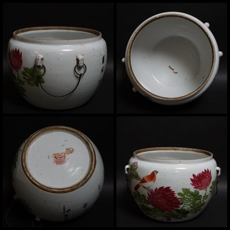 民国期 粉彩色絵『鳥花鳥漢詩文』飾壺 水指 鉢★唐物★時代物★茶事/茶道具