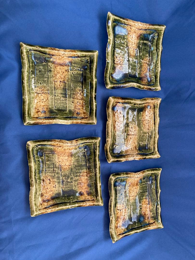 織部四方板皿　加藤作助作　5枚組