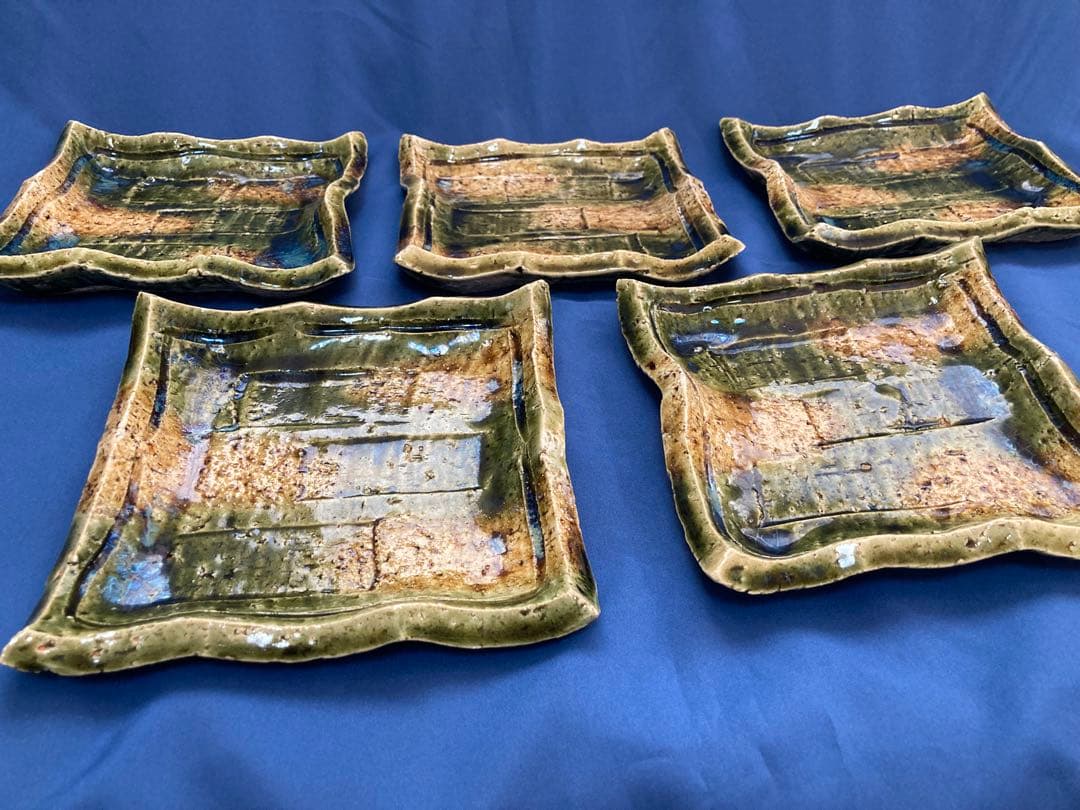 織部四方板皿　加藤作助作　5枚組