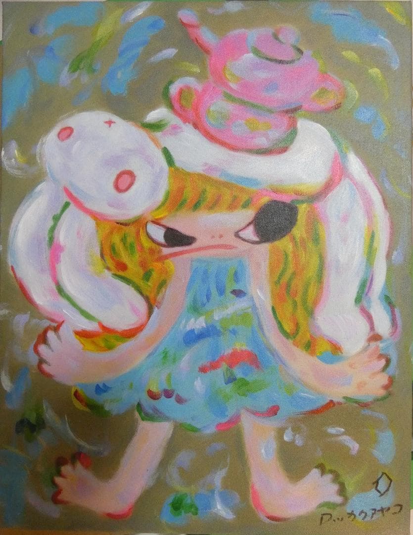 F6 絵画　 油彩　ロッカク アヤコ「女の子」 サイン　 肉筆手描き　額装済み