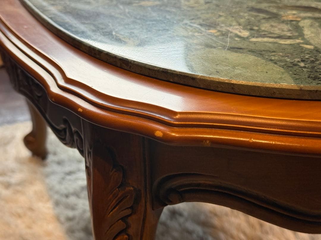 大理石　センターテーブル　ローテーブル　グリーン　クラシック　猫脚　アンティーク