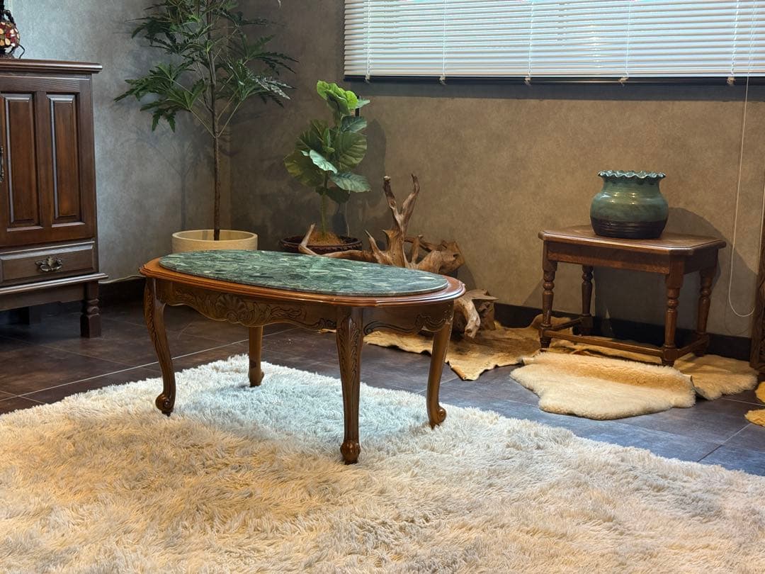 大理石　センターテーブル　ローテーブル　グリーン　クラシック　猫脚　アンティーク