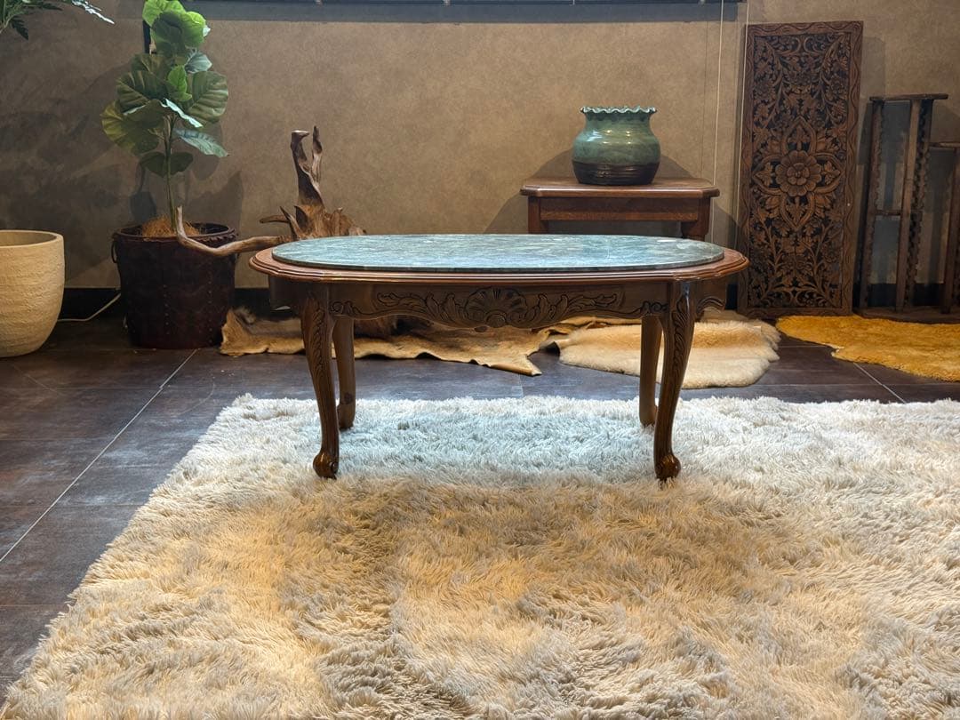 大理石　センターテーブル　ローテーブル　グリーン　クラシック　猫脚　アンティーク