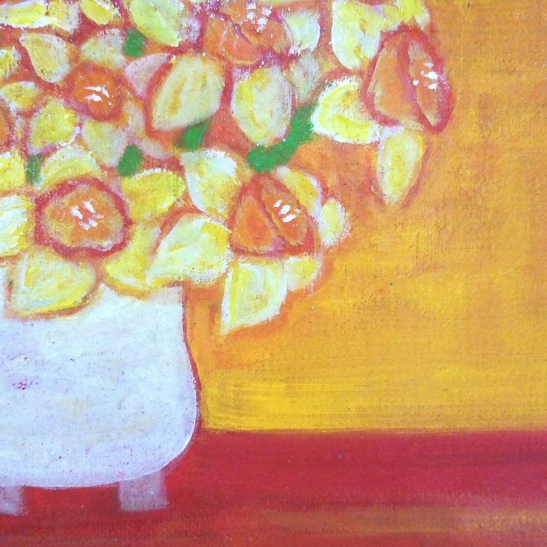 油絵　ラッパ水仙を差した花瓶