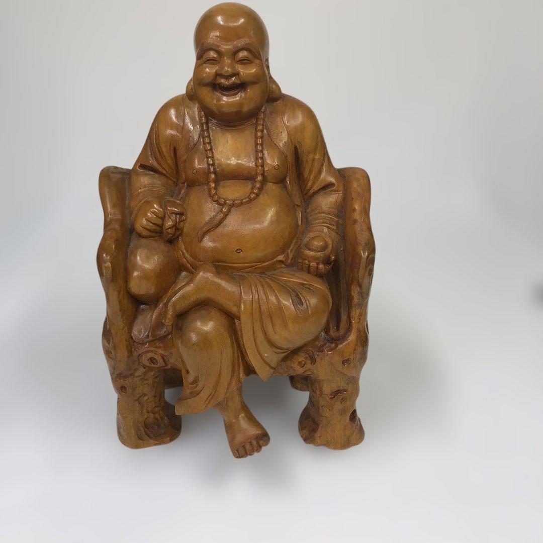 中国美術￼ 一刀彫木彫り、縁起物布袋さん￼