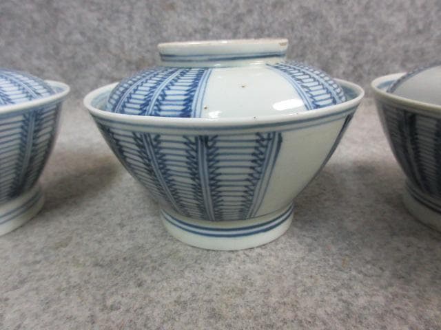 古伊万里 染付 蓋茶碗 3個 [B22848] 算木文 アンティーク 古美術