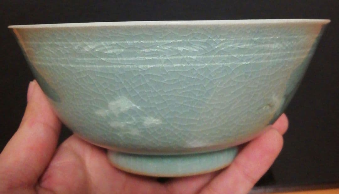 人間国宝　柳海剛作　青磁　鶴図　茶碗　共箱　茶道具