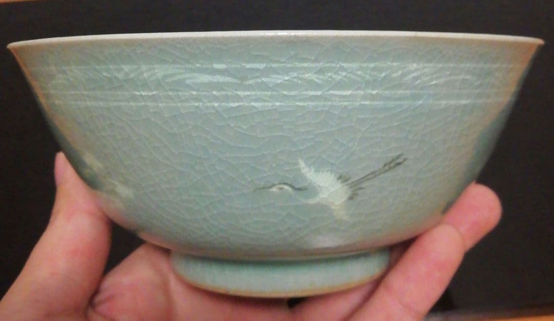 人間国宝　柳海剛作　青磁　鶴図　茶碗　共箱　茶道具