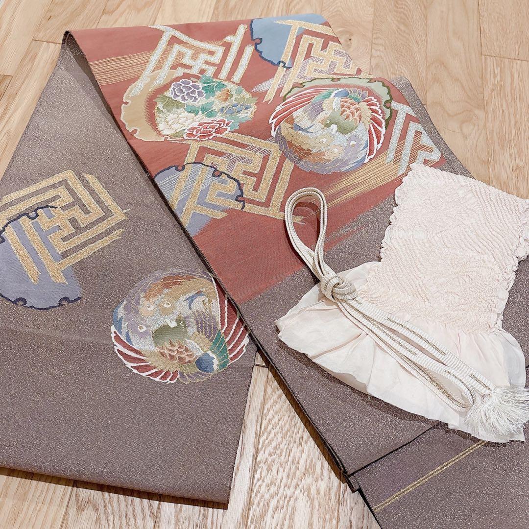 正絹　付け下げ　フルセット　裄65 卒業式　入学式　お宮参　袋帯 S グレー　白