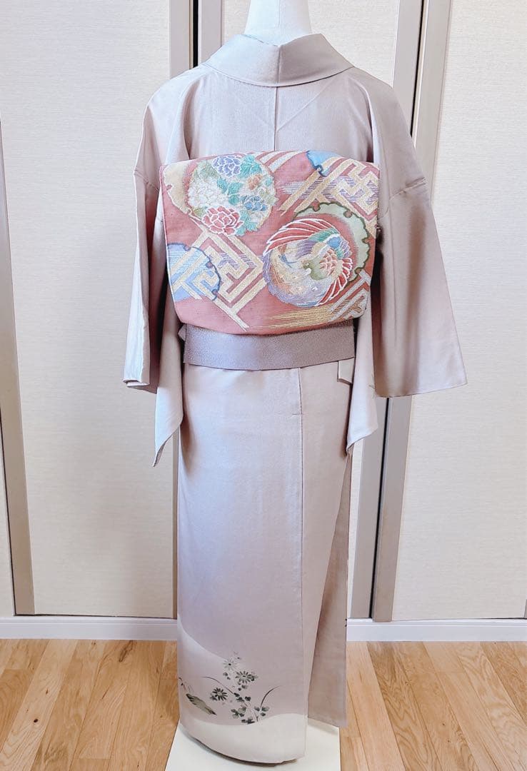 正絹　付け下げ　フルセット　裄65 卒業式　入学式　お宮参　袋帯 S グレー　白