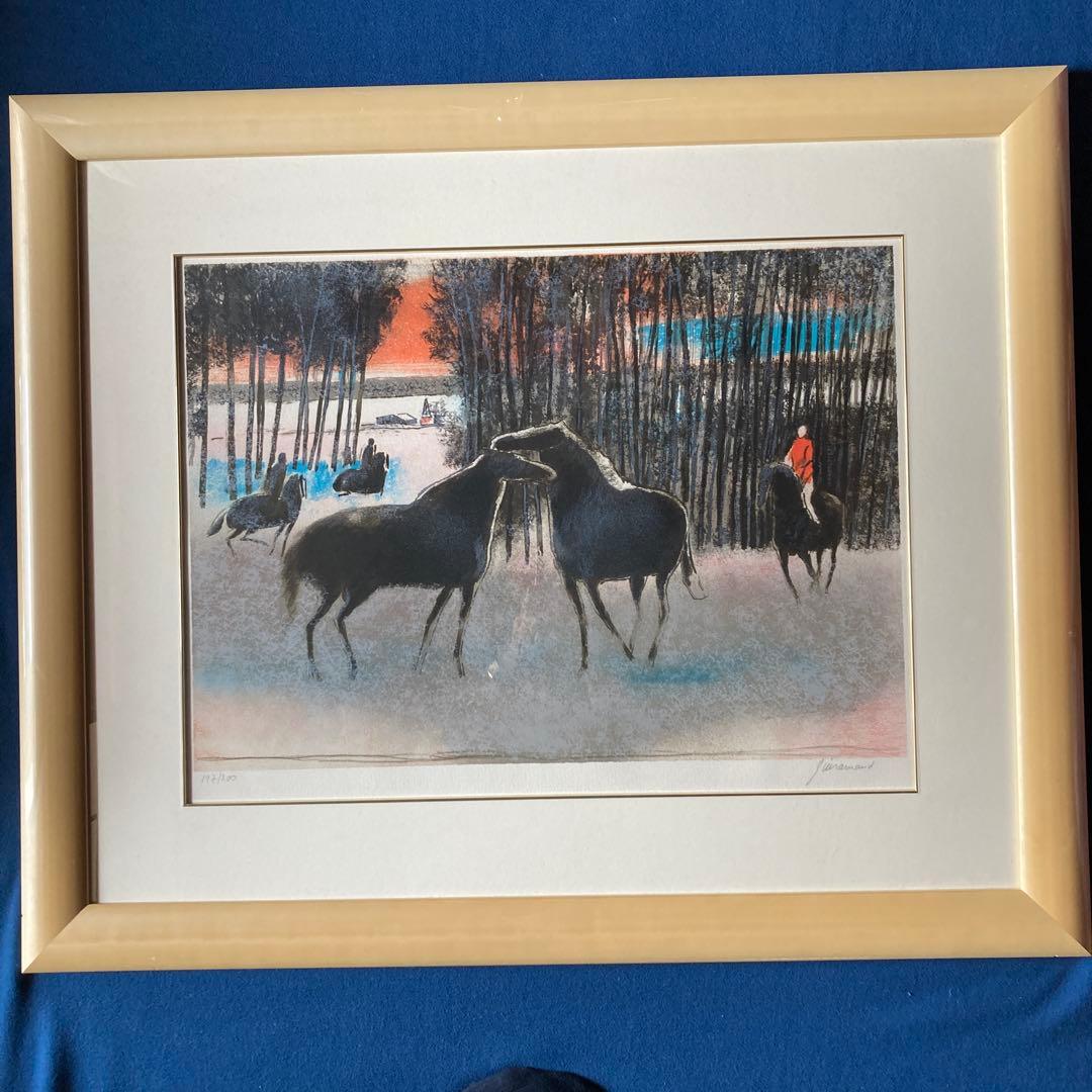 ポールギアマン「夕焼けの乗馬」リト197/200 額69×83 絵40×56cm