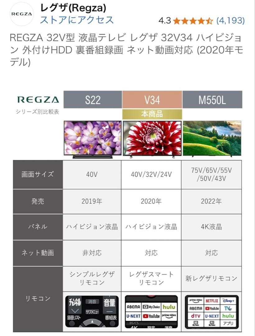 液晶テレビ 32V REGZA