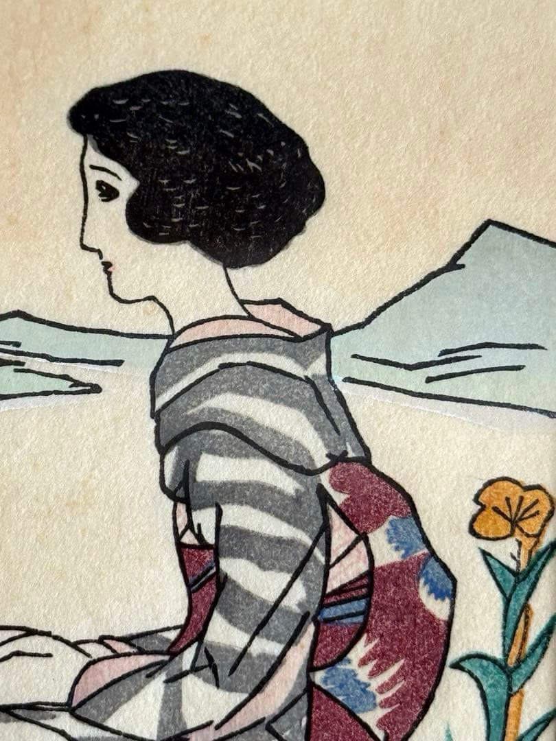 竹久夢二 女性の肖像 木製フレーム 額220x275 絵90x130mm