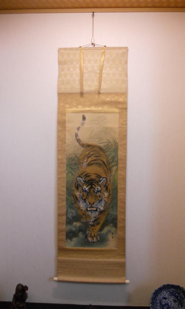掛け軸 森脇廣翠 猛虎之図 中島清堂 識箱 絹本 希少 軸装 茶道具 掛軸 美品