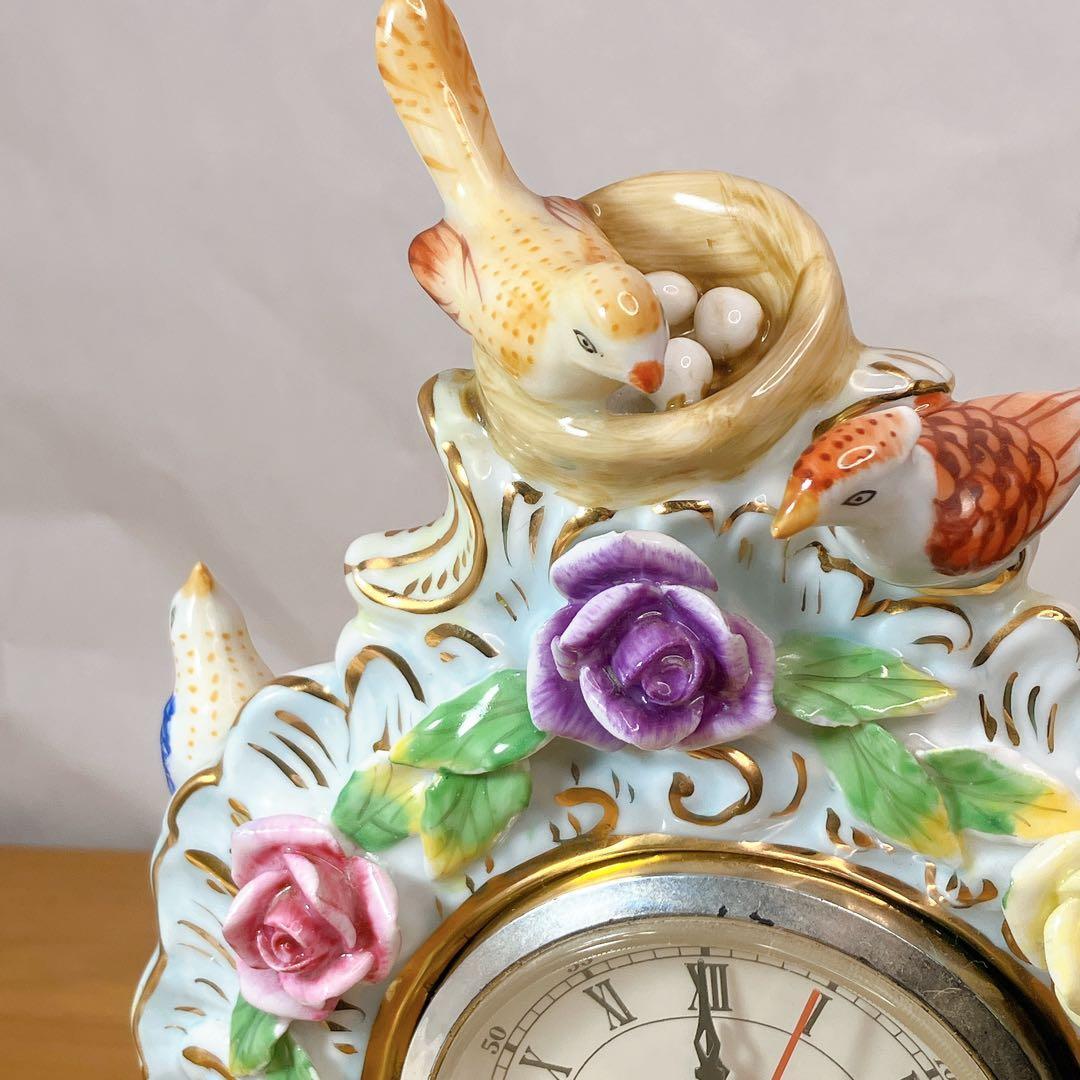 FINE PORCELAIN 鳥と花 陶磁器 置時計 ロココ調 薔薇 立体装飾