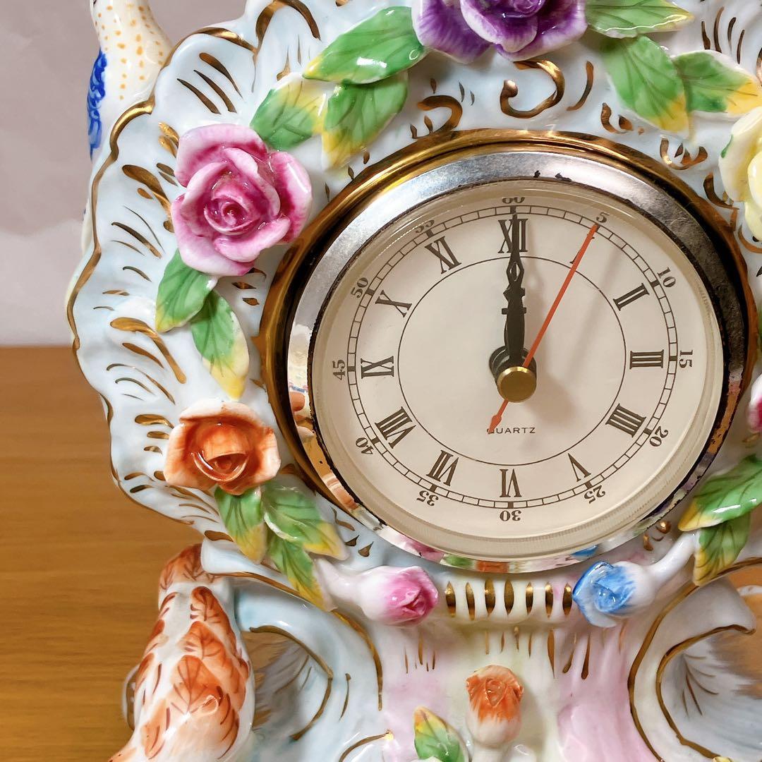 FINE PORCELAIN 鳥と花 陶磁器 置時計 ロココ調 薔薇 立体装飾