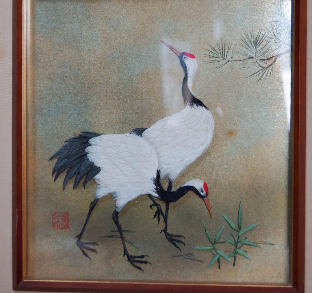 茶道具 二曲屏風 貼り絵『丹頂鶴花鳥図』 日本画 絵画 屏風★時代物★